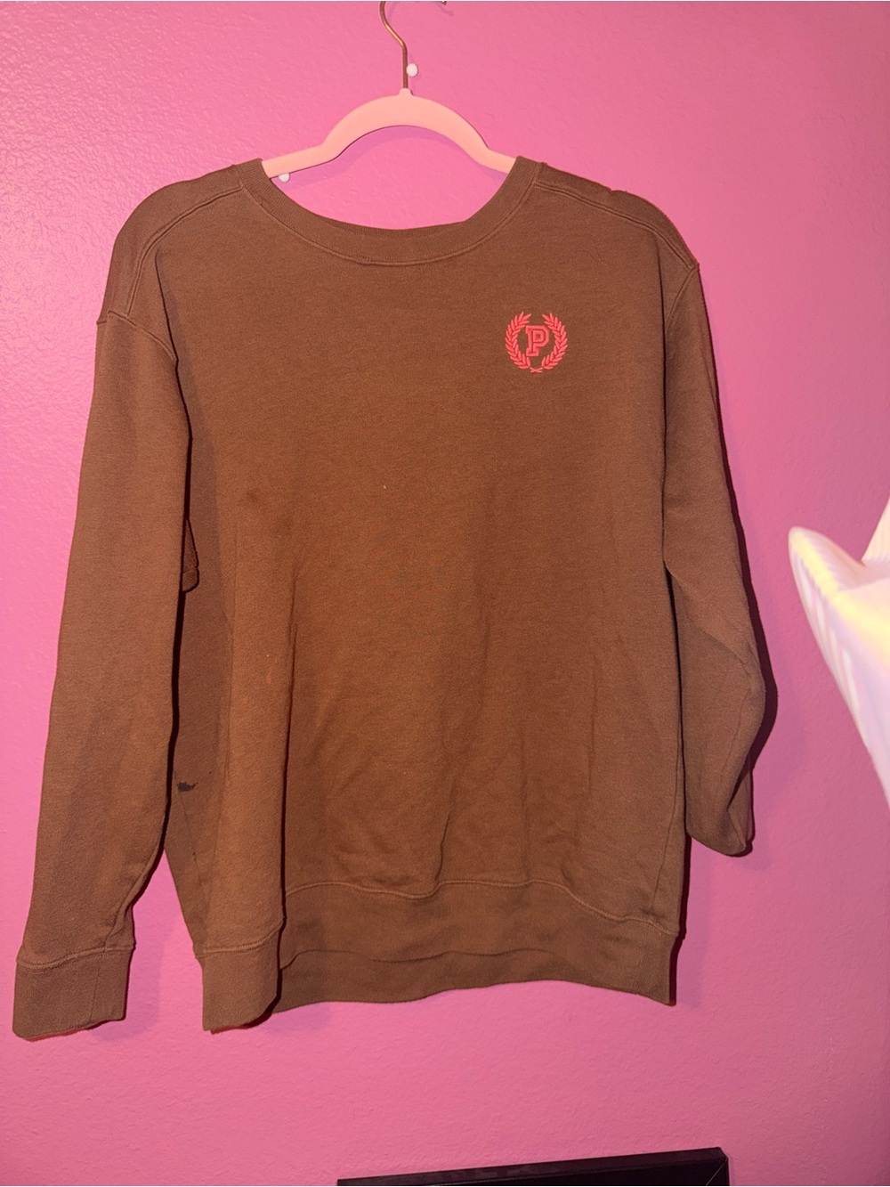 PINK Victoria's Secret Brown Crewneck Sweatshirt with Pink Crest